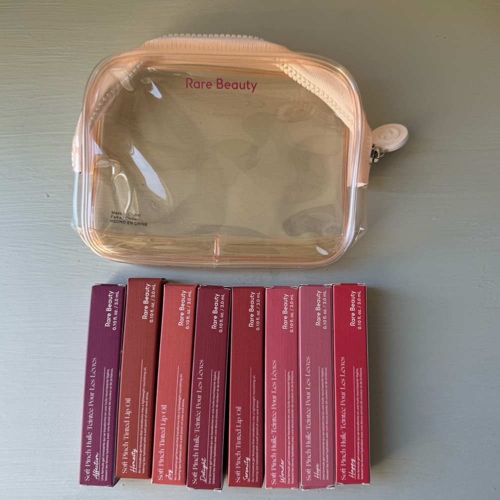 NWT Rare Beauty Lip Oils Set and Clear Make up Bag